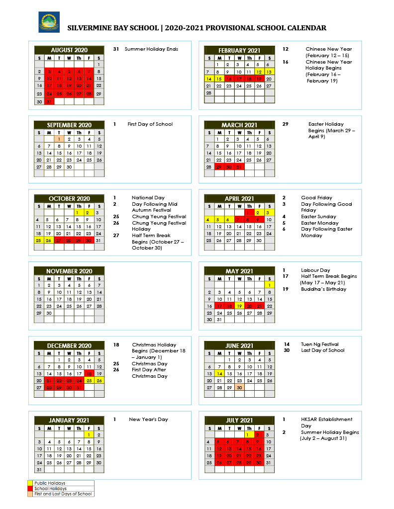 School Calendar Silvermine Bay School
